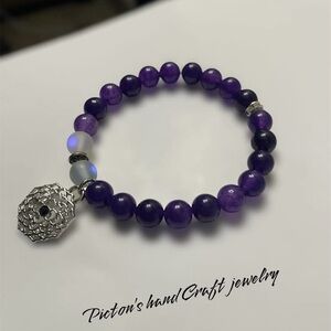 Purple and Silver Amethyst Bracelet with Intricate Charm.Customized!